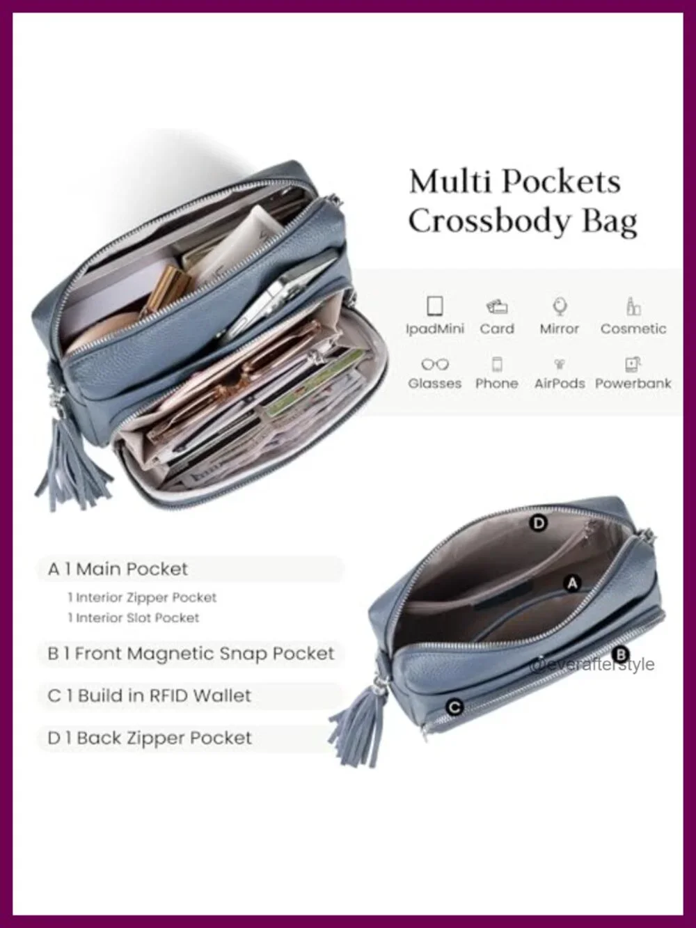Genuine Leather Crossbody Bag with Built-in RFID Wallet and Detachable Strap